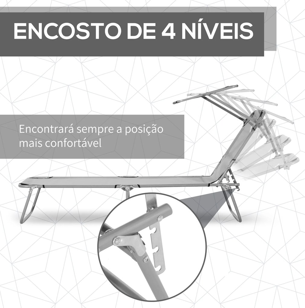 Espreguiçadeira de Jardim Dobrável com Toldo Removível e Ajustável e Encosto Ajustável em 4 Posições  187x58x36 cm Cinza Claro