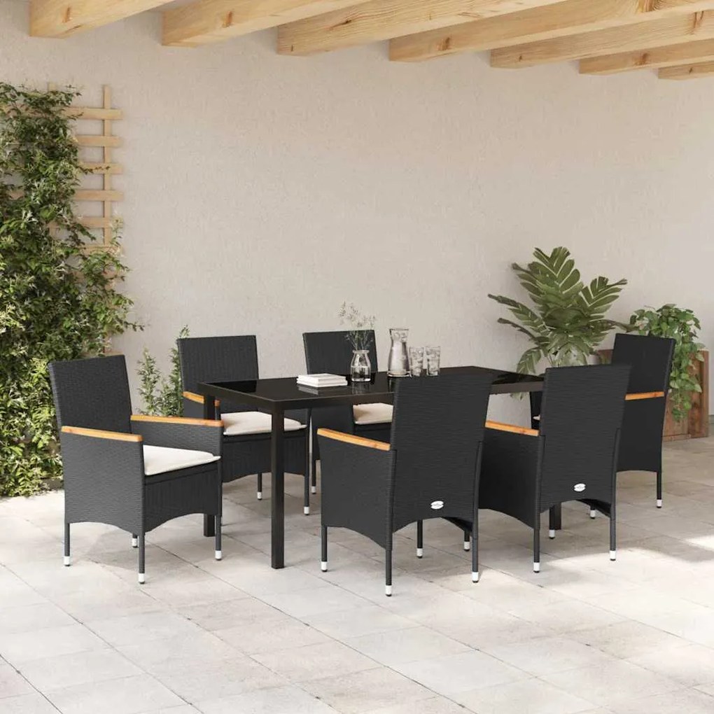 Conjunto de Jantar de Jardim de 7 Peças com Almofadas Pretas em Rattan