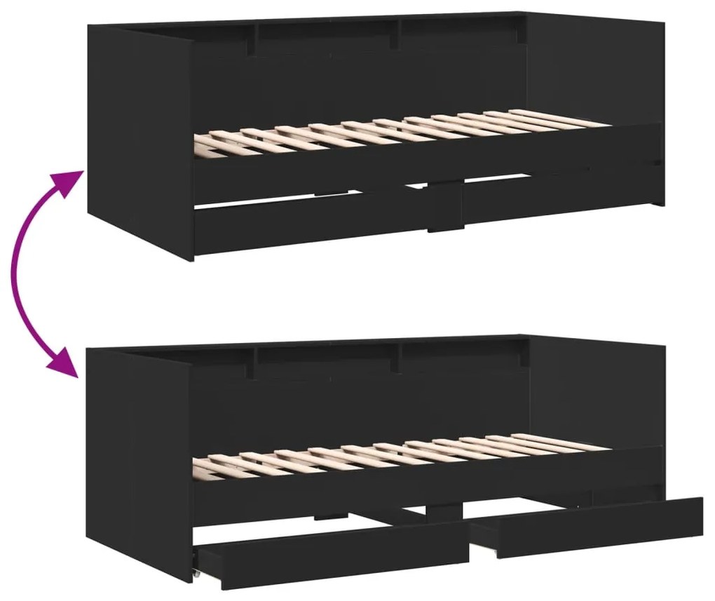 Sofá-cama com gavetas sem colchão 90x200 cm preto