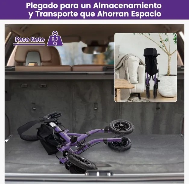 Andarilho dobrável para adultos idosos com assento 24 cm Rodas pneumáticas todo-o-terreno Saco de arrumação Carga 160 kg Púrpura