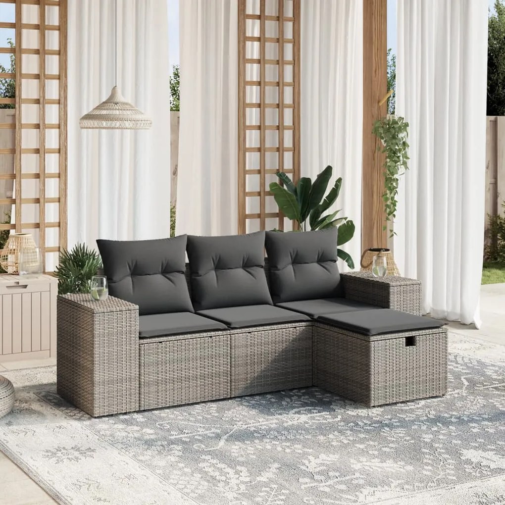4 pcs conjunto sofás de jardim c/ almofadões vime PE cinzento