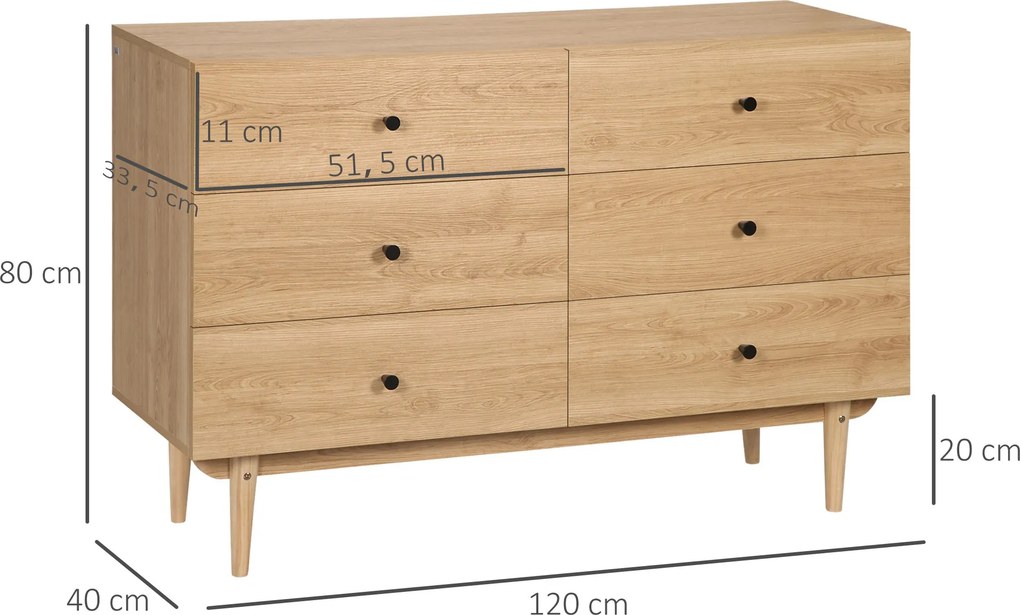 Cómoda com 6 gavetas, móvel de arrumação com pés em madeira maciça, 120 x 40 x 80 cm, cor de madeira