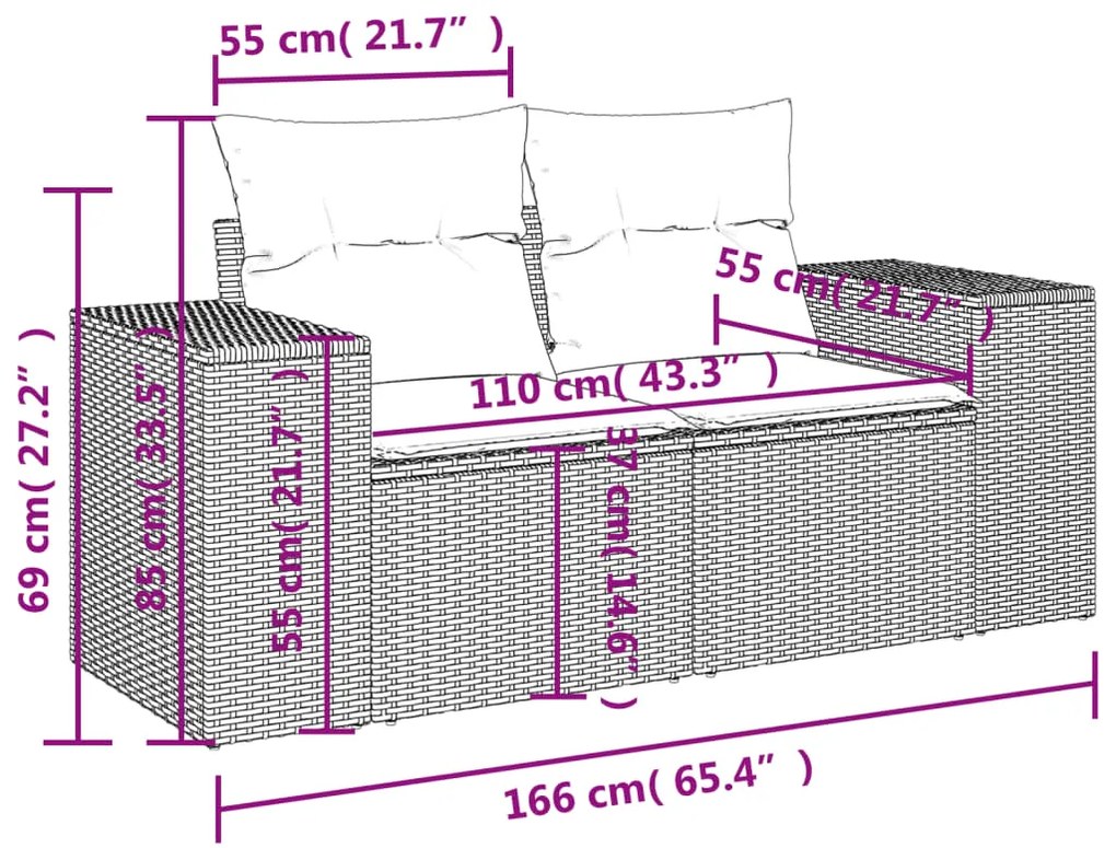 6 pcs conjunto sofás de jardim com almofadões vime cinzento