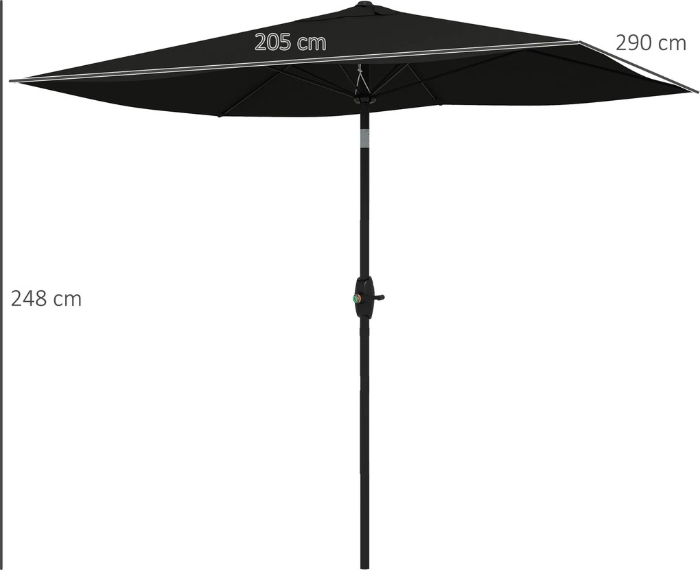 Guarda-sol retangular inclinável de 2 x 3 m com manivela, lona de poliéster impermeável de alta densidade (180 g/m²), cor preta