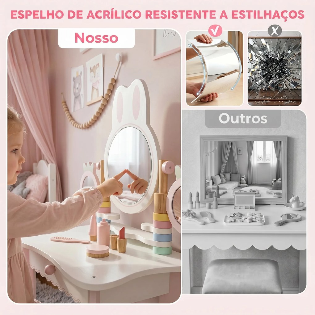 Toucador Infantil de Maquilhagem com Banco Espelhos Giratórios Gaveta e Acessórios e Bandejas Rosa +3 Anos