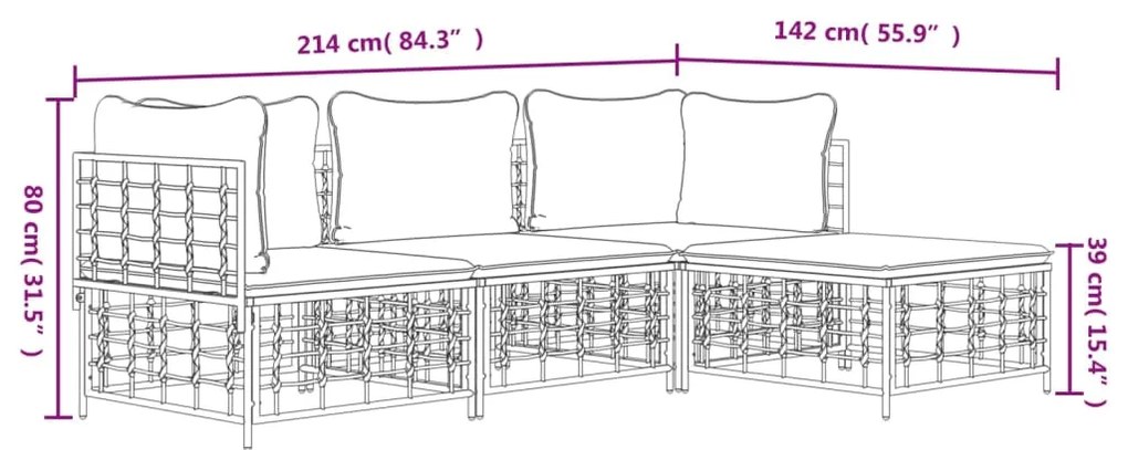 4 pcs conjunto lounge de jardim c/ almofadões vime PE antracite