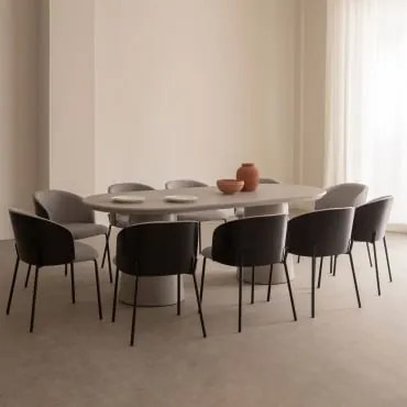 Conjunto De Mesa Oval De Cimento Noemi (220x95 Cm) E 10 Cadeiras De Jantar Estofadas Em Madeira Amieva Cinzento Areia - Sklum