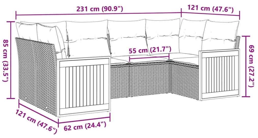 6 pcs conjunto de sofás p/ jardim com almofadões vime PE bege