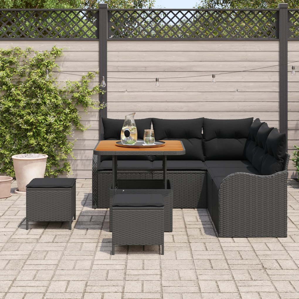 Conjunto de Sofá de Jardim de 8 Peças com Almofadas Preto Vime Poliést
