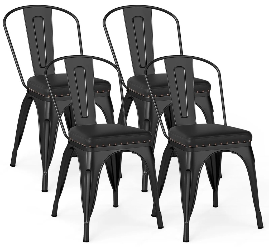 Conjunto de 4 cadeiras de jantar, cadeira de bistrô, cadeira de metal empilhável, cadeiras de cozinha acolchoadas, cadeiras de jardim com encosto, 44