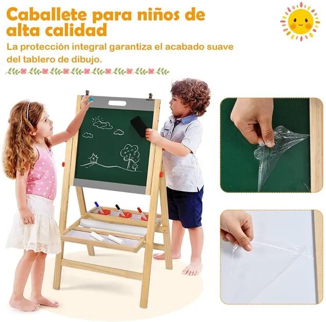 Cavalete 3 em 1 dobrável para crianças de pintura duplo em madeira ajustável em altura com apagador 3 copos de pintura cinzento