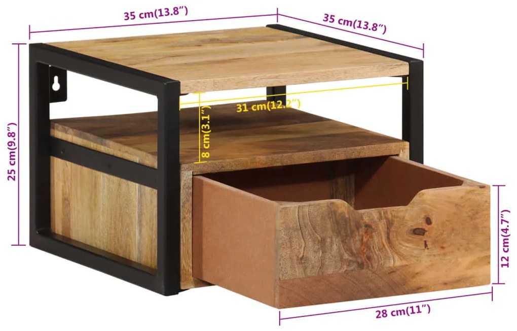 Mesa de cabeceira montagem na parede 35x35x25 cm madeira acácia
