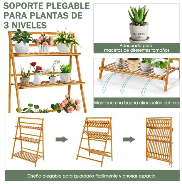 Prateleiras de plantas de 3 camadas Prateleira decorativa de bambu para vasos de flores para pátio e jardim 70 x 38 x 95,5 cm Natural