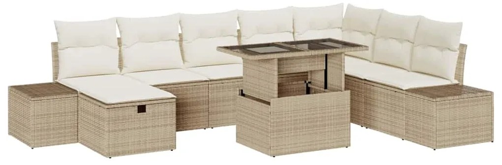 Conjunto de Sofá de Jardim 9 Peças com Almofadas Bege em Rattan Sintét