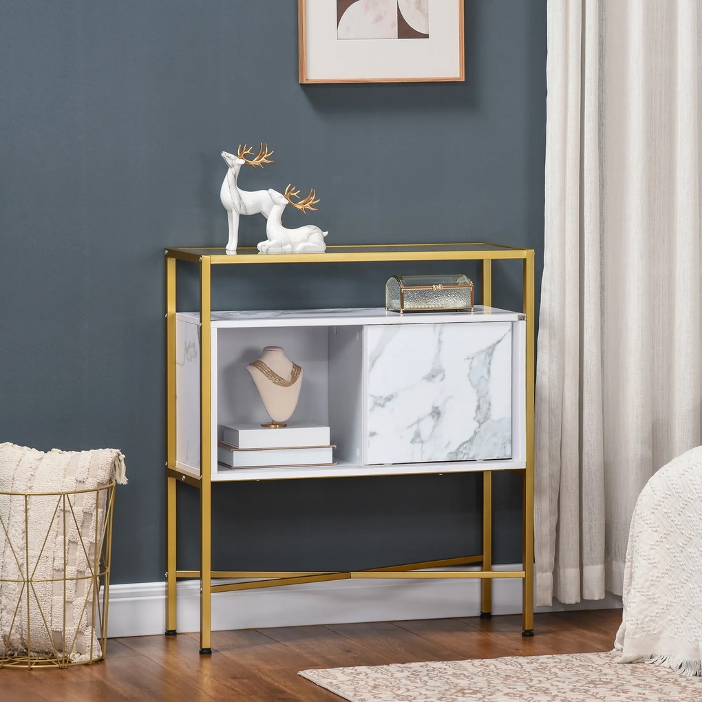 HOMCOM Mesa Consola Aparador de Entrada com Bancada de Vidro Temperado e Compartimento de Armazenamento Móvel de Entrada para Sala de Estar Estúdio 80x30x90cm Branco e Dourado