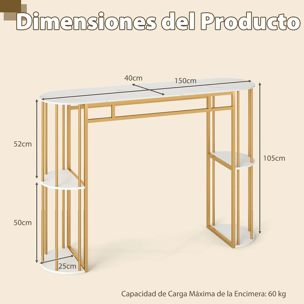 Mesa de bar alta retangular 150 x 40 x 105 cm (BANCOS NÃO INCLUIDOS) com estantes de arrumação, estrutura metálica e tampo em imitação mármore; consol