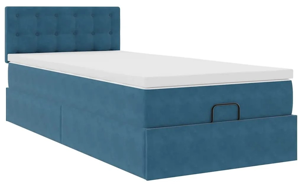 Estrutura cama otomana com colchão azul escuro 90x190cm veludo