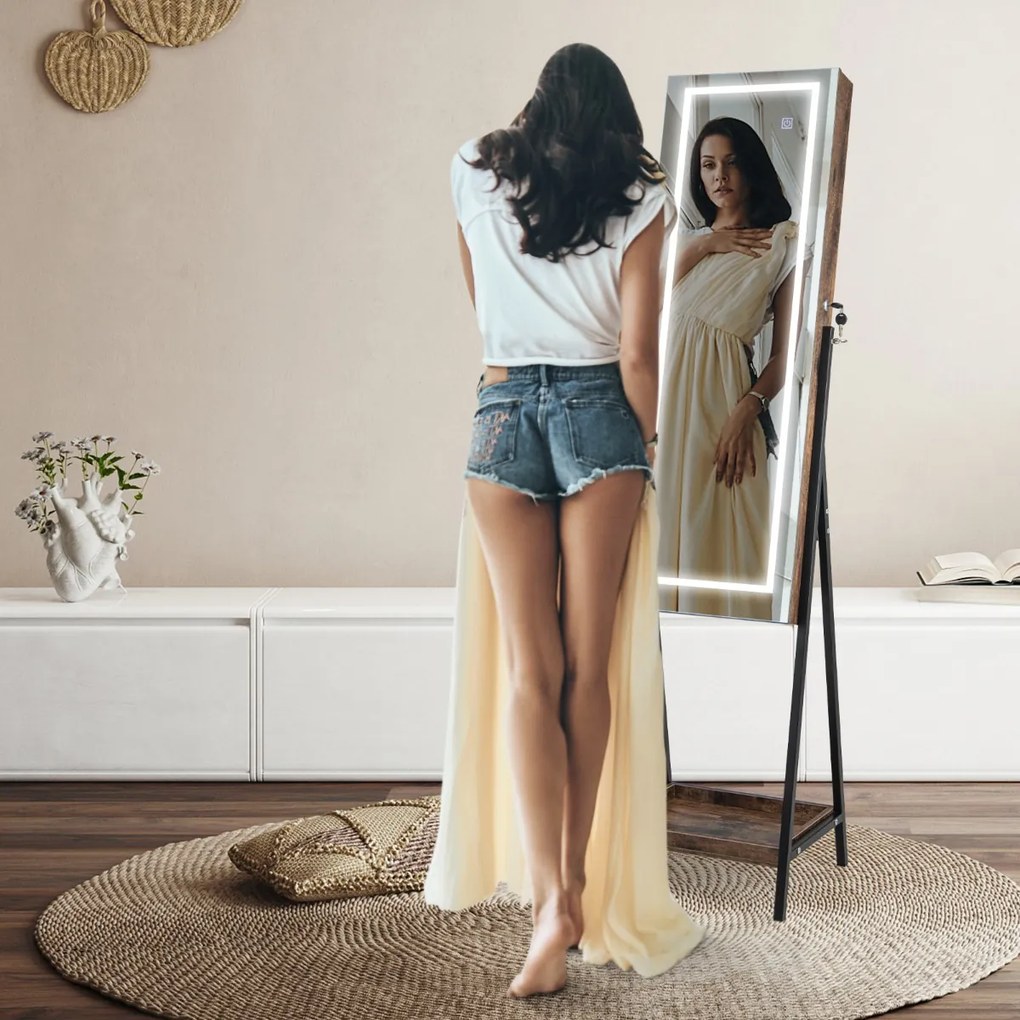 Armário de espelho para joias com LED e espelho de corpo inteiro iluminado em 3 cores - branco