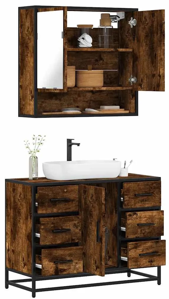 vidaXL 2 pcs conj. móveis casa de banho derivados madeira cor fumado
