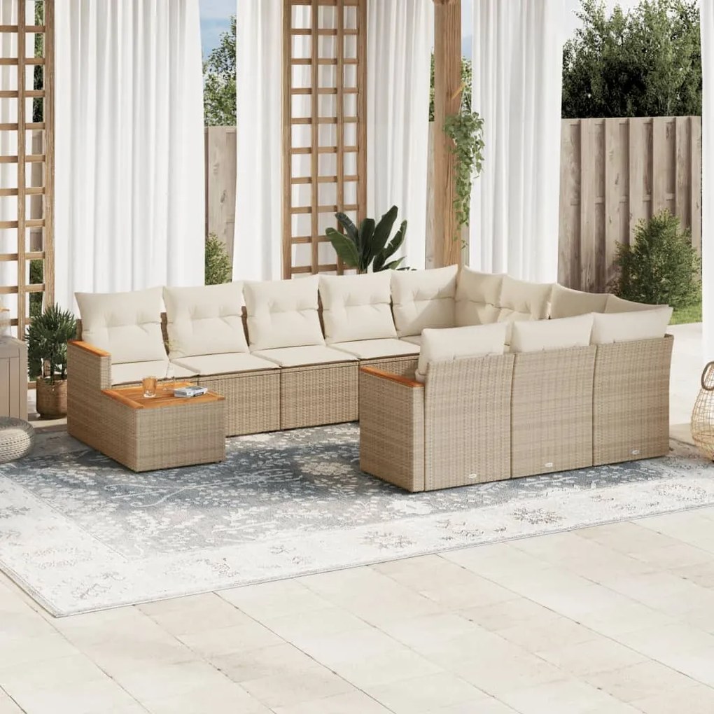 11 pcs conjunto sofás de jardim c/ almofadões vime PE bege