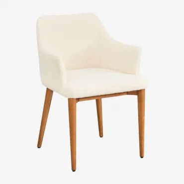 Pacote De 4 Cadeiras De Jantar Banfil Em Pele De Carneiro Com Braços Madeira Escura & Chenille Branco - Sklum