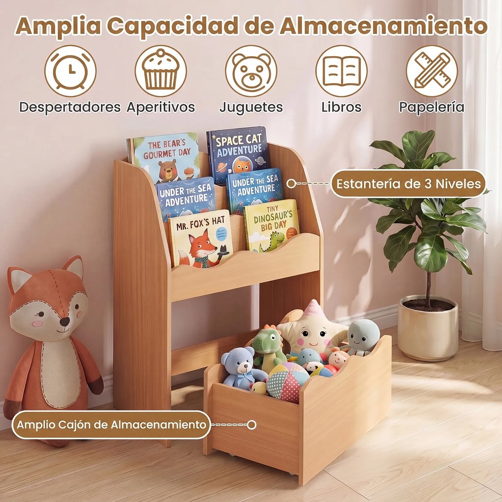 Estante Infantil para Brinquedos, 49,5 x 30 x 76 cm, Gaveta com Rodas Removível, Natural