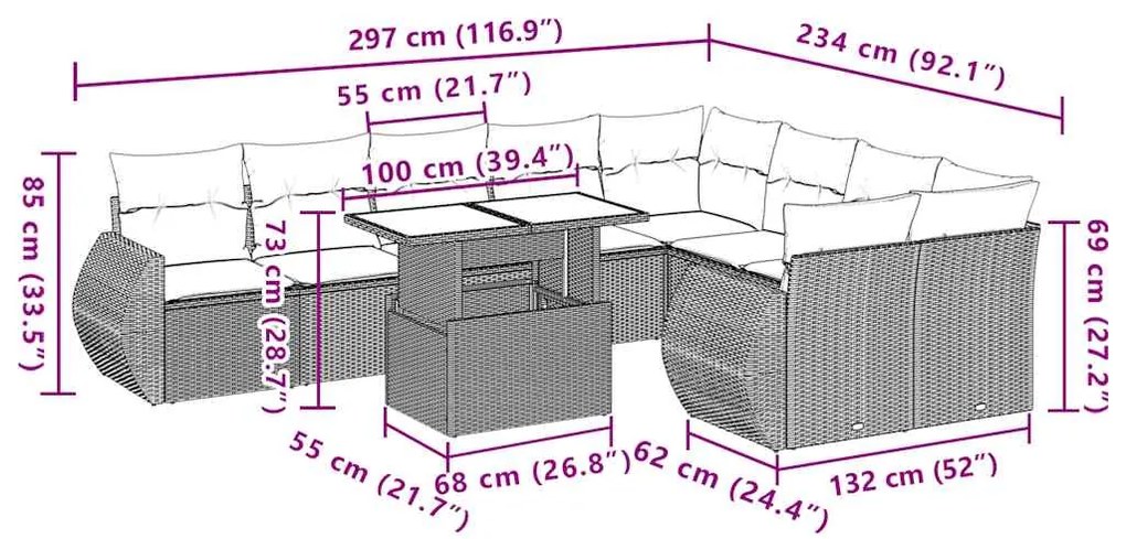 10 pcs conj. sofás jardim com almofadões vime PE cinzento-claro