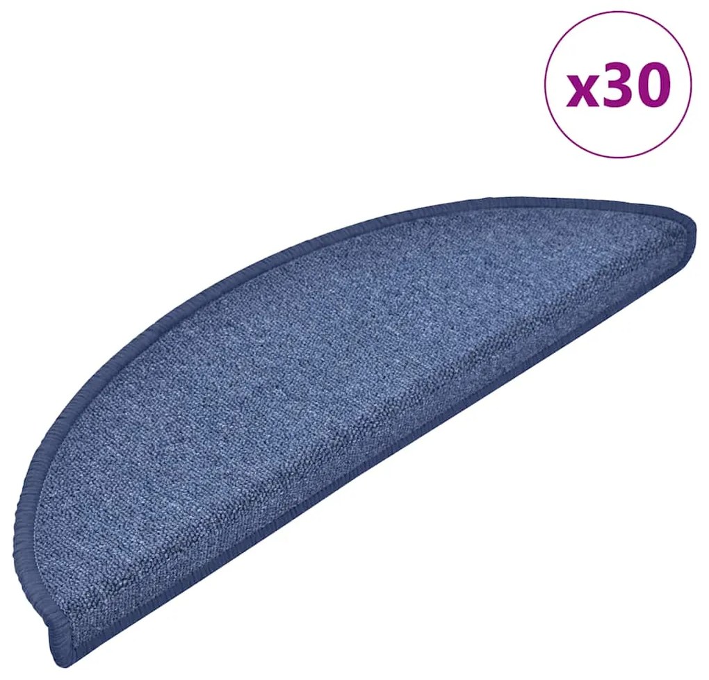 vidaXL Tapetes de escada 30 peças 56x17x3 cm azul semicircular