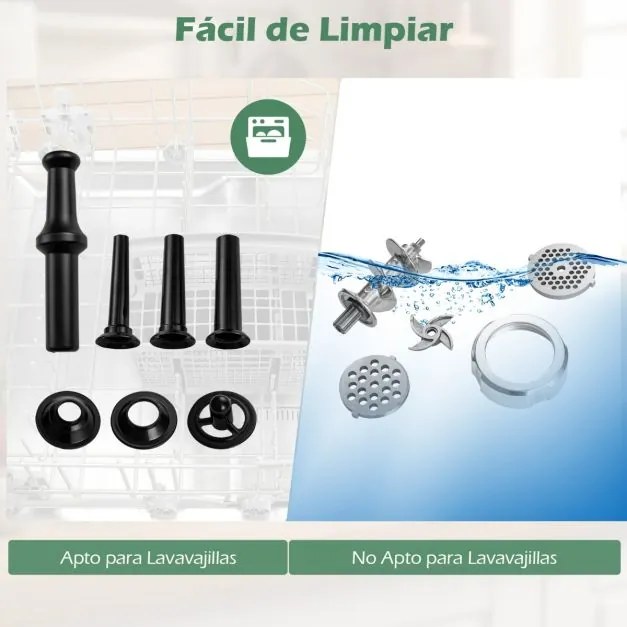 Picador de carne elétrico Triturador de 2000 W com embutidora 3 tubos para enchidos 3 placas de trituração Kit Kibbe Lâmina preta