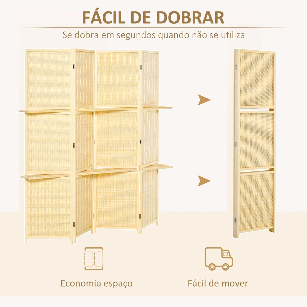 Biombo de 4 Painéis de Bambu Separador de Ambientes Dobrável com 2 Prateleiras Removíveis para Dormitório 180x180 cm Madeira