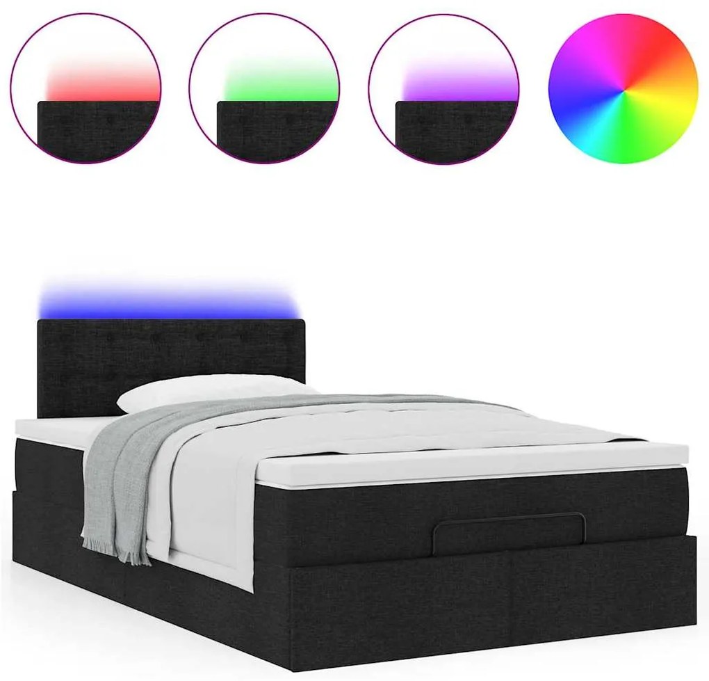 Cama otomana com colchão & LEDs 120x190 cm tecido preto