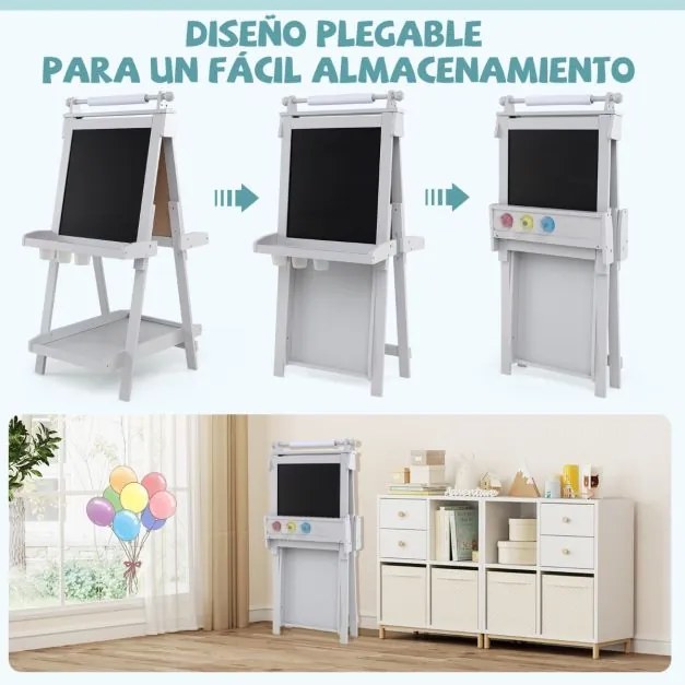 Cavalete de arte dobrável de dupla face 3 em 1 para crianças + 3 anos com quadro negro e rolo de papel substituível 3 copos bandejas Cinzento