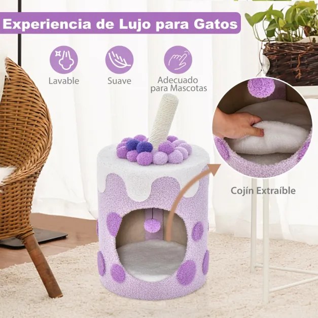 Arranhador para gatos em forma de chá de bolhas Torre para gatos com poste de arranhar em sisal e bola suspensa 67 x 37 x 37 cm roxo e branco