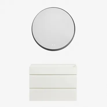 Conjunto De Móvel De Casa De Banho Suspenso Em Madeira E Folha De Freixo Com Lavatório Integrado Ona Branco & Redondo Led - Sklum