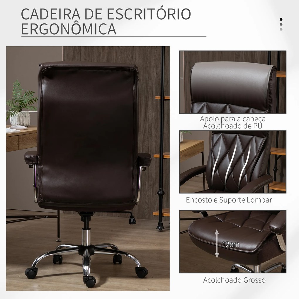 Vinsetto Cadeira de Escritório Ergonômica Cadeira de Escritório Giratória e Basculante com Altura Ajustável Encosto Alto e Apoio para a cabeça Acolchoado Pele Sintética 66x69x113-121cm Marrom