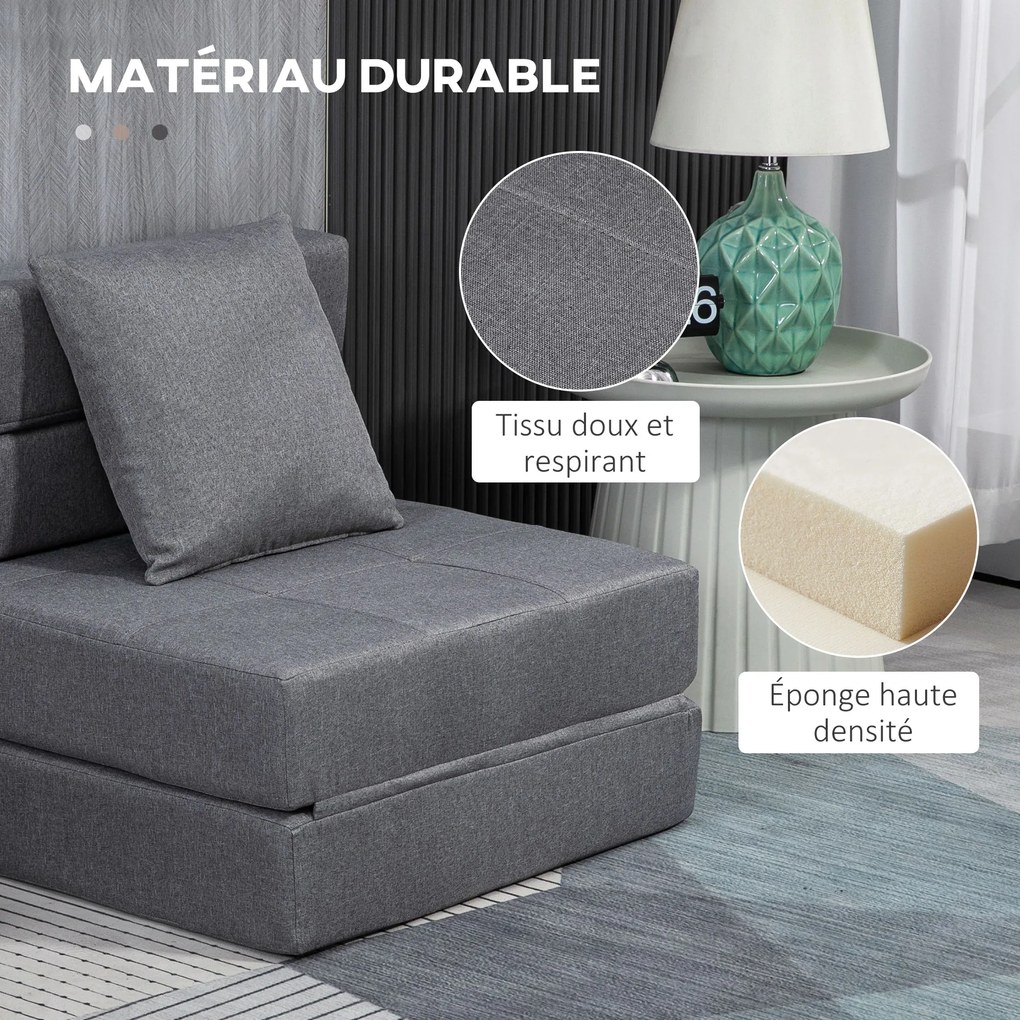 Poltrona-sofá-cama convertível de 1 lugar com 1 almofada com capa removível, tecido cinzento