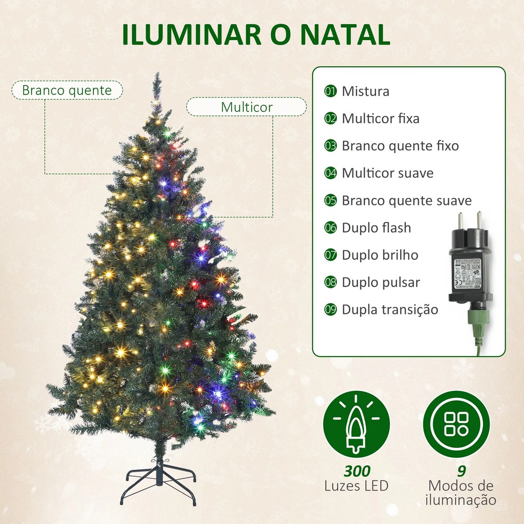 Árvore de Natal 180 cm com Luzes LED 9 Modos de Iluminação 802 Ramos e Neve Artificial Verde