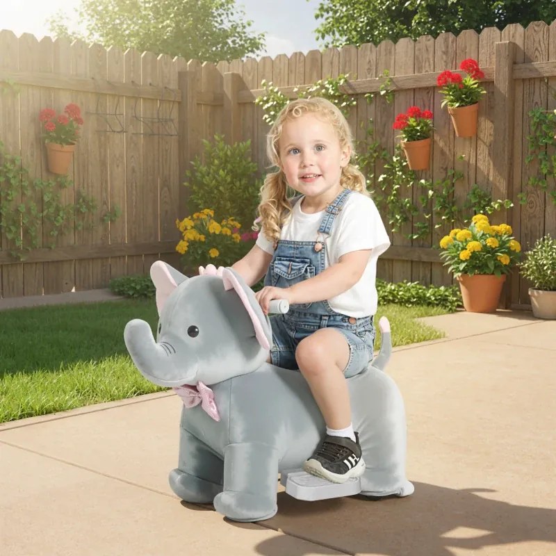 Elefante Elétrico com Música Bateria 6V 74x34x51 cm com Toque Suave Rodas Silenciosas de PU e Pedal Cinzento