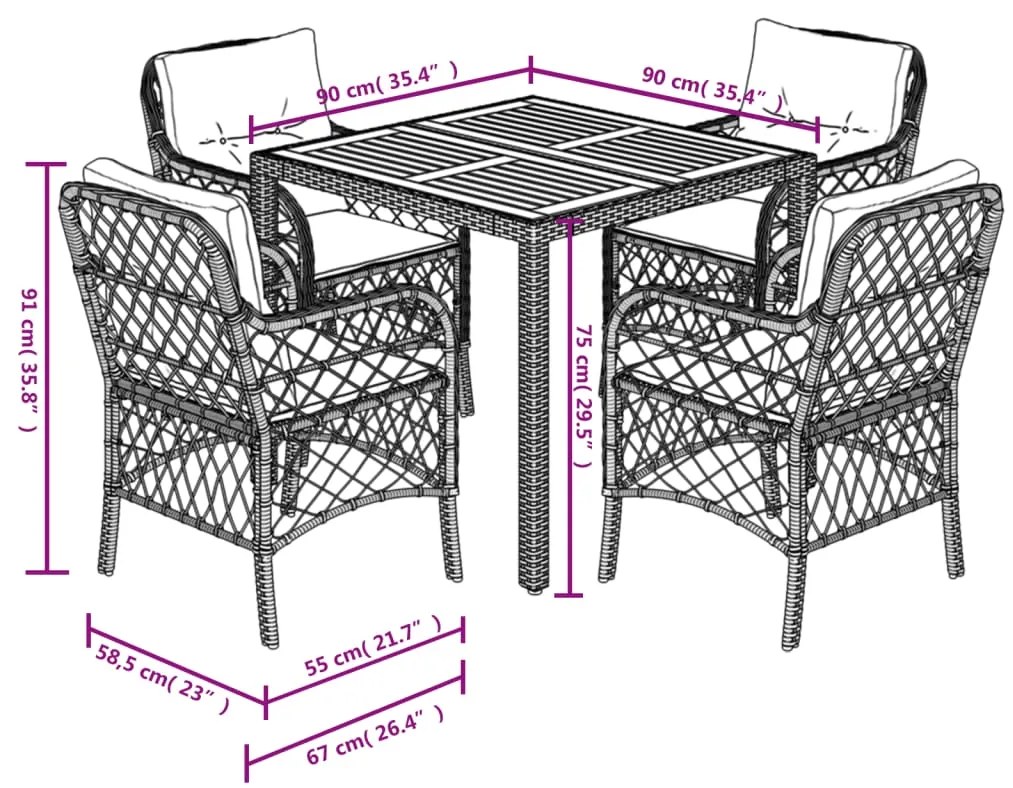 5 pcs conjunto de jantar p/ jardim c/ almofadões vime PE preto