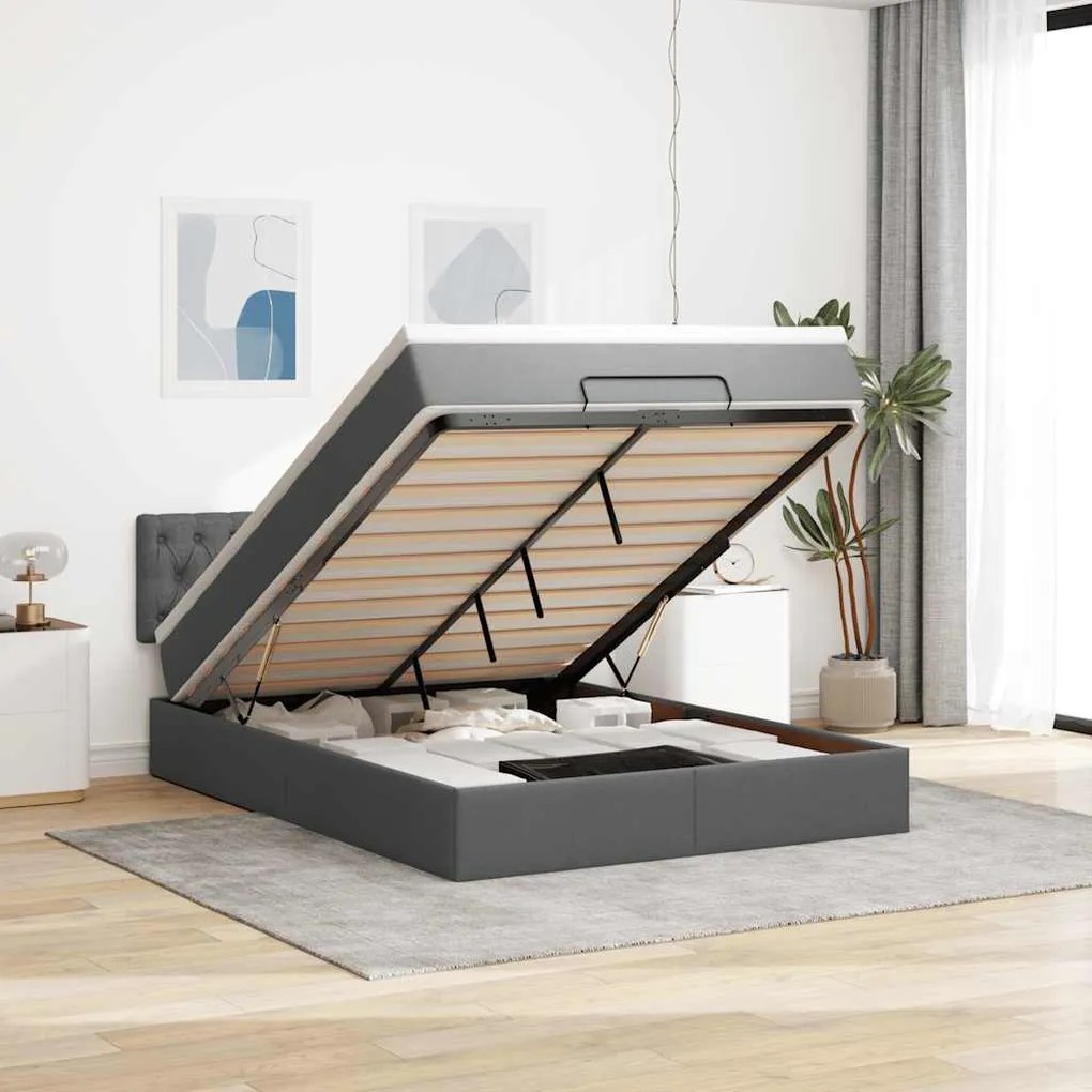Cama otomana com colchão 140x190 cm tecido cinzento escuro