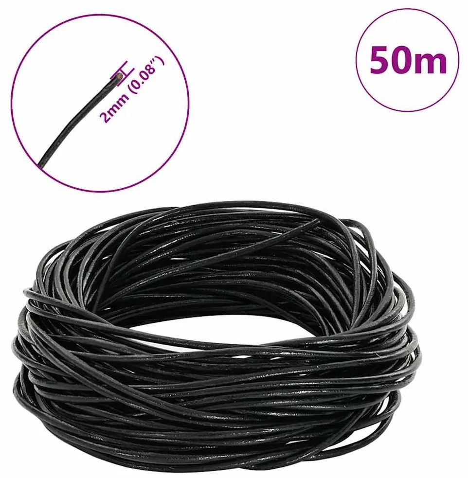 vidaXL Corda de Couro Preto Ø2 mm x 50 m Couro