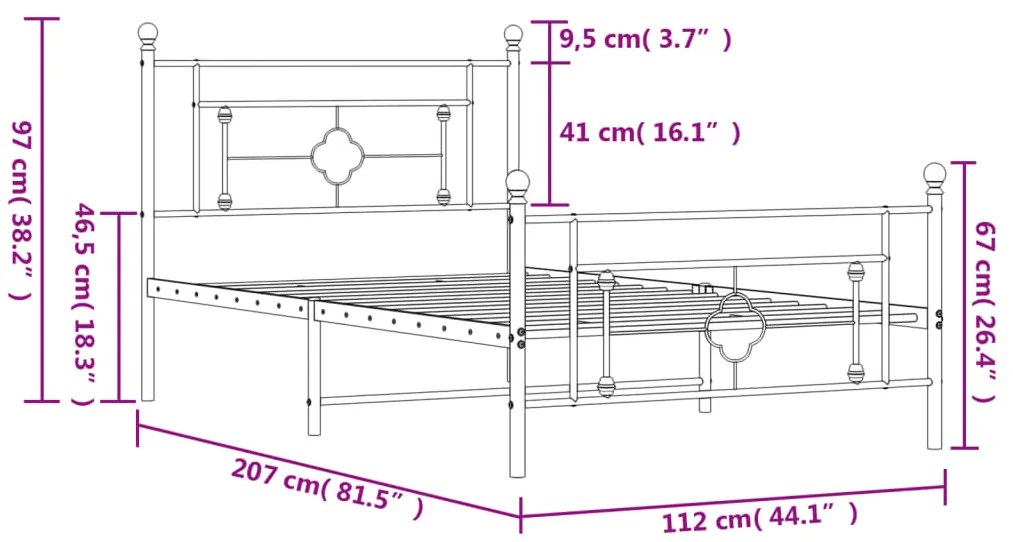 Estrutura de cama com cabeceira e pés 107x203 cm metal branco