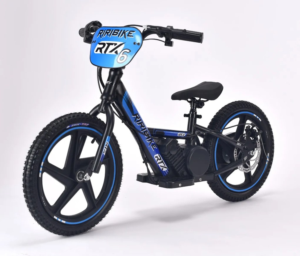 Bicicleta eléctrica para crianças RIRIBIKE RTX6 24V (16") bateria de lítio, motor de 250 watts, travão de disco, assento ajustável em PU macio Azul