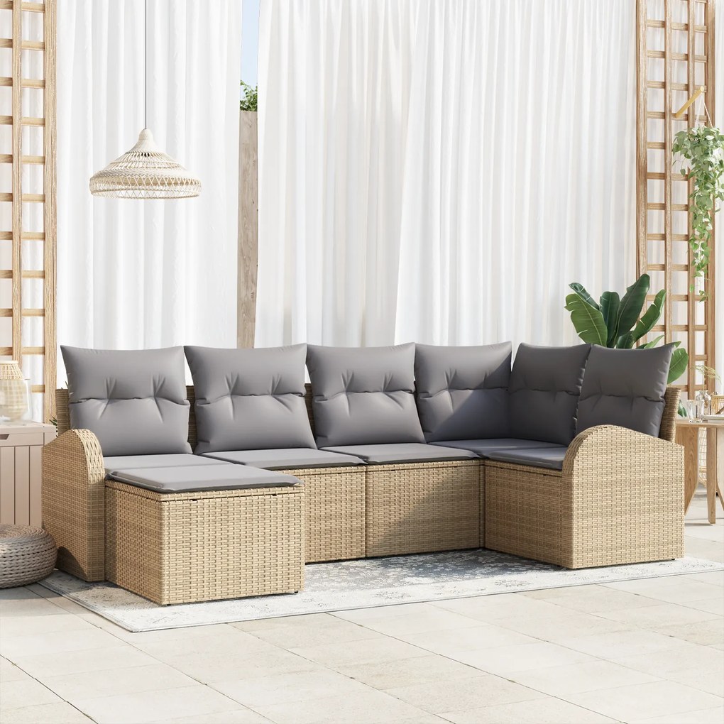 vidaXL Conjunto de 6 Peças de Sofá de Jardim com Almofadas Bege Polirattan