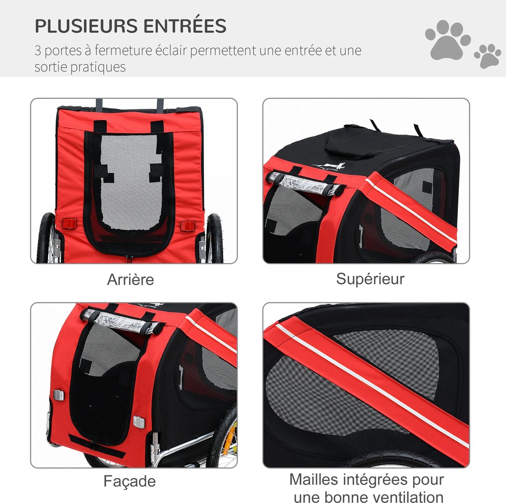 Reboque de bicicleta para cães e animais de estimação 130 L x 73 L x 90 A cm,, com 8 refletores, bandeira e barra de engate incluída, em aço e poliést
