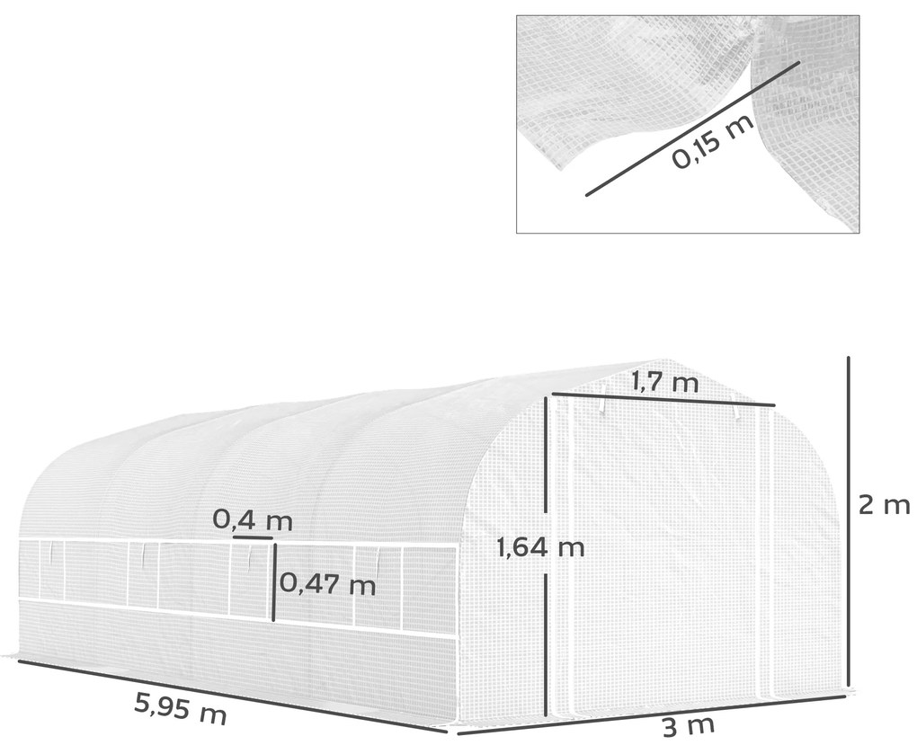 Estufa tipo Túnel 6x3x2 m com 8 Janelas Cobertura de PE Anti UV e Porta Enrolável e Paredes Laterais Branco