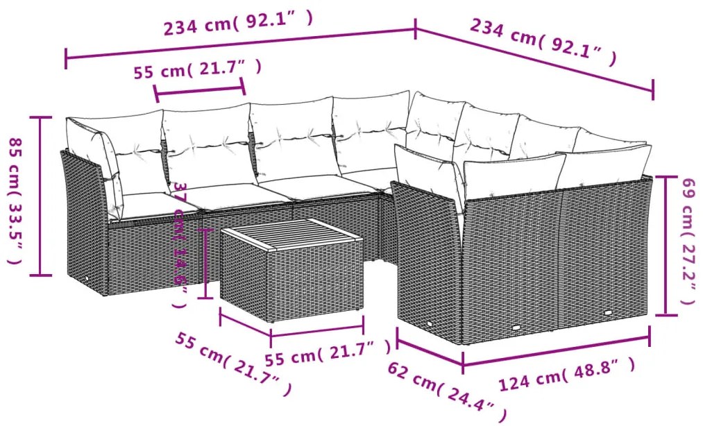 9 pcs conjunto sofás p/ jardim c/ almofadões vime PE cinzento