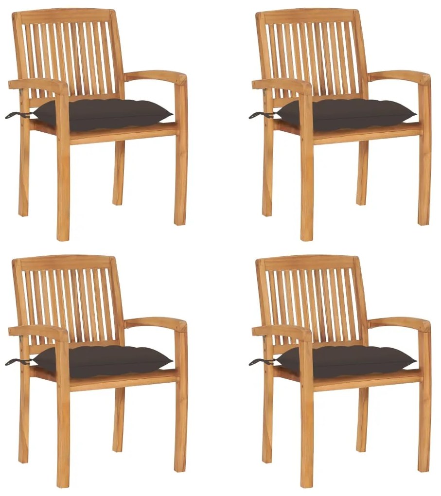3073263 vidaXL Cadeiras de jardim empiháveis c/ almofadões 4 pcs teca maciça
