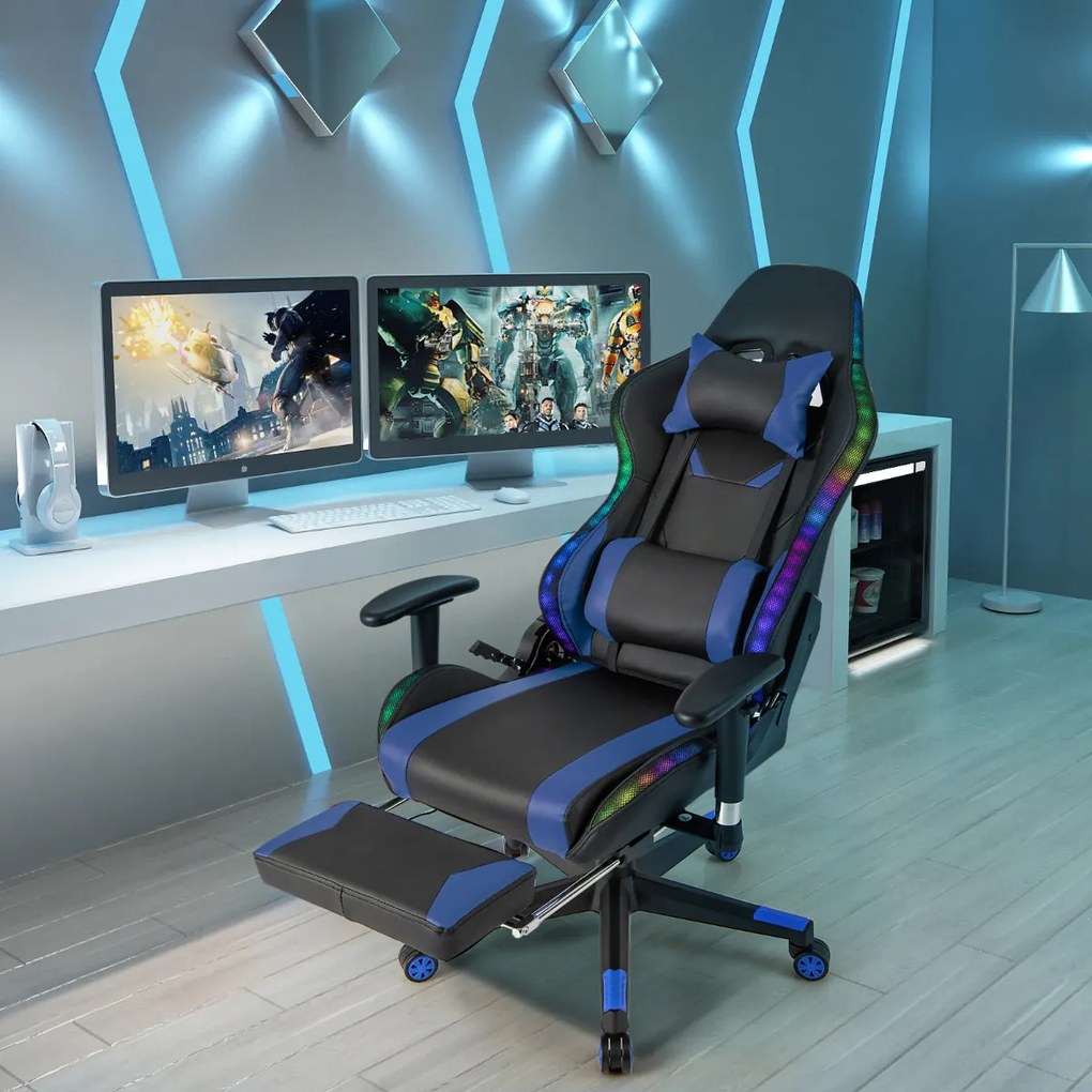 Cadeira Gamer com luzes LED RGB giratória ergonômica com apoio de braço de altura ajustável Suporte de mesa retrátil Azul