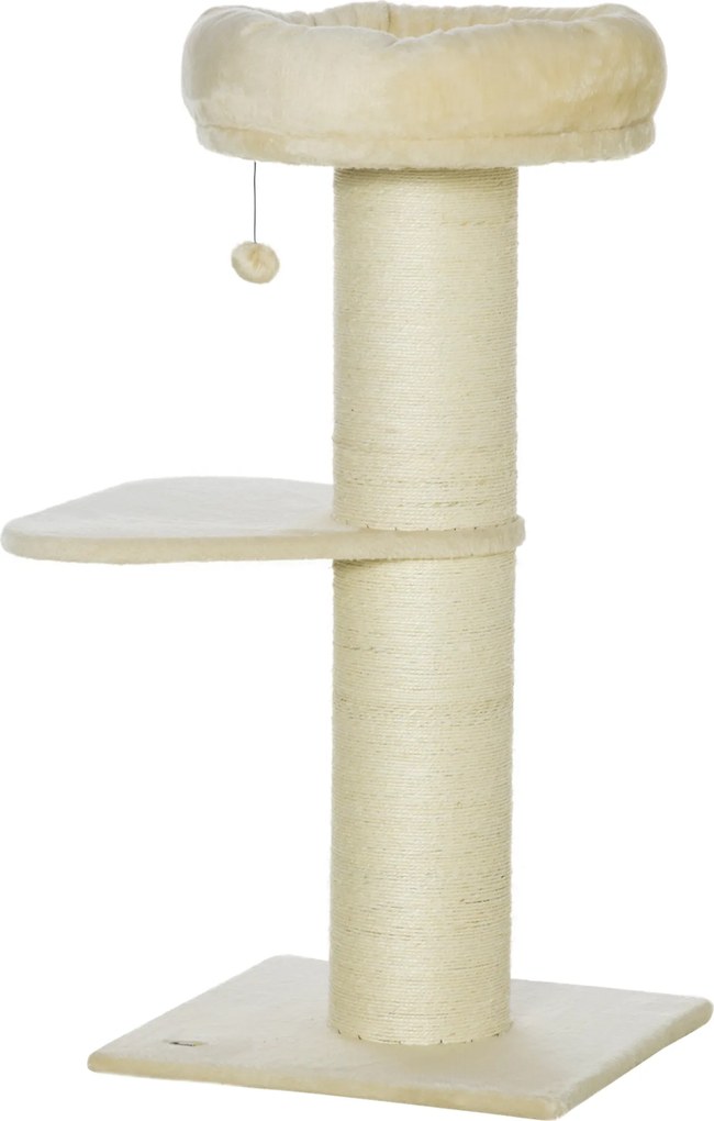 Arranhador para gatos com arranhador de sisal natural, 2 plataformas, cesto de observação, brinquedo com bola suspensa e peluche bege